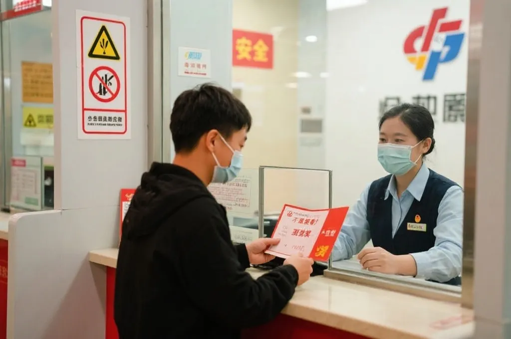 兑奖窗口，中奖者与工作人员交流核验流程